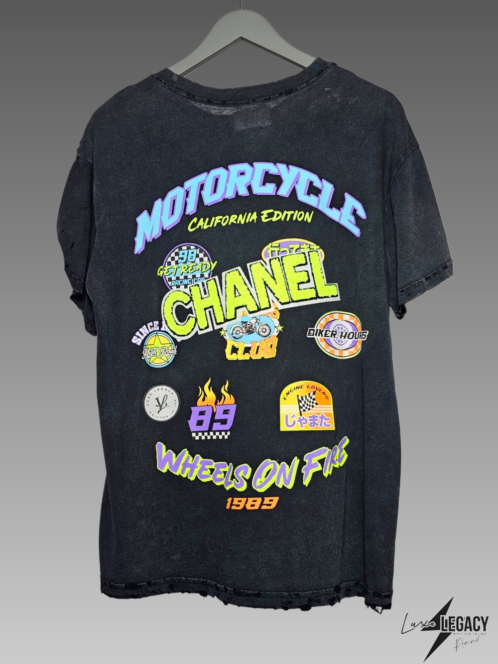 Designer-Inspired Black Motorcycle Graphic Tee - Neon Accents